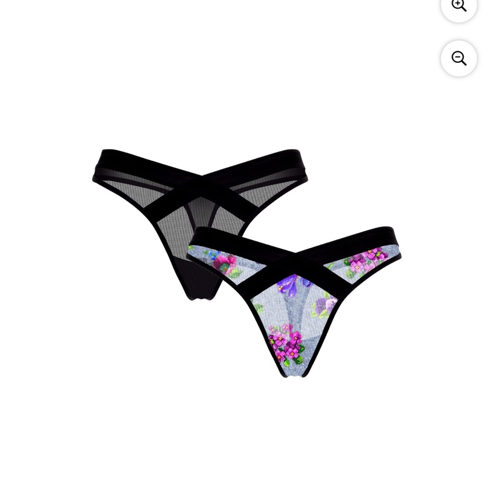 2 pk plus size Sheer Mesh & Floral Lace Crisscross Thong Panty - Black